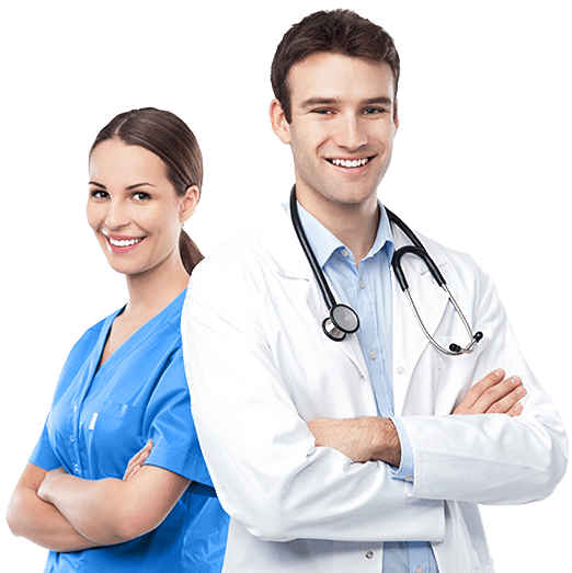 Orthopedic doctor and nurse in apron